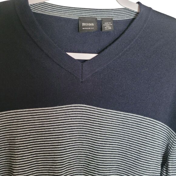 Boss Hugo Boss Wool Sweater Men's Size Large L Navy Blue Striped V Neck Preppy - Picture 3 of 11